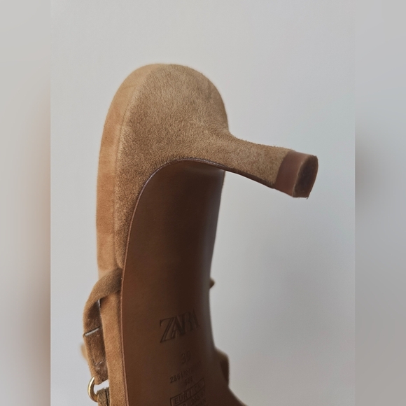 Zara Brown TAN Suede Straps Ankle Sandals Kitten Heel  Size 9 - Picture 7 of 8